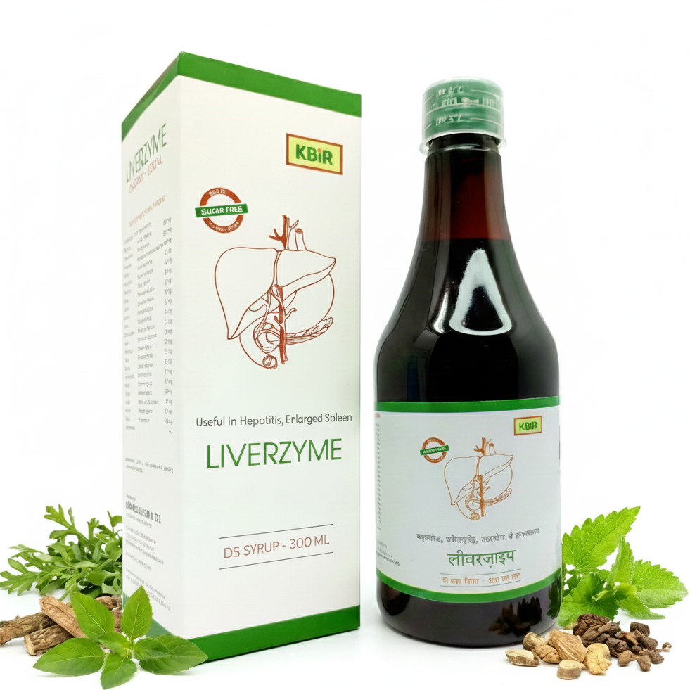 Liverzyme syrup bottle and packaging with herbs on a white background